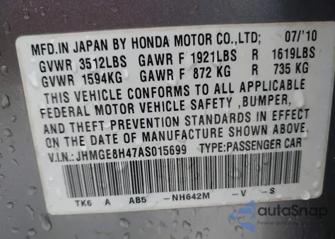 2010 Honda Fit Sport from USA, damaged, VIN JHMGE8H47AS015699